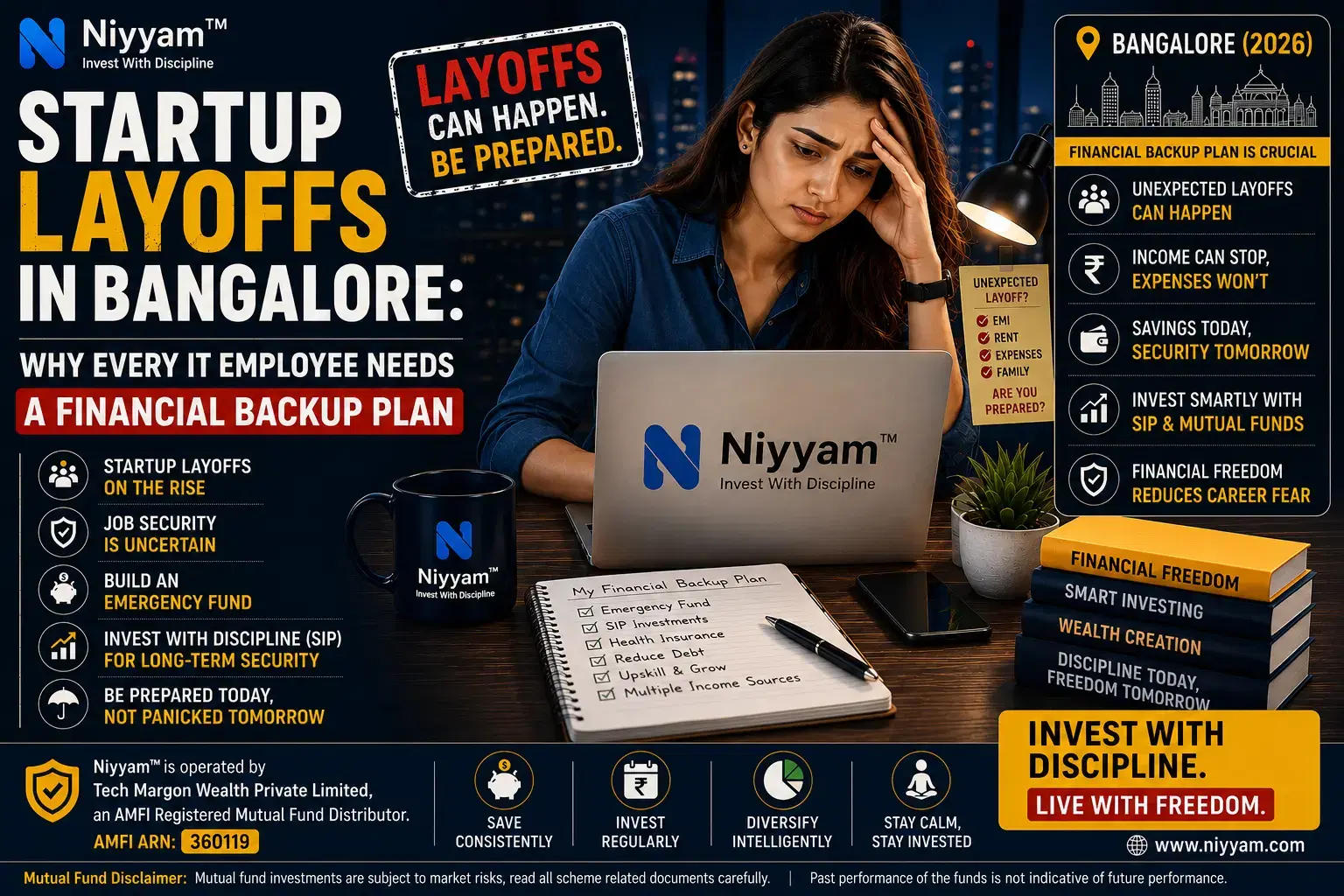 Startup layoffs in Bangalore - Financial backup plan for IT employees with emergency fund, SIP investing and financial planning by Niyyam™